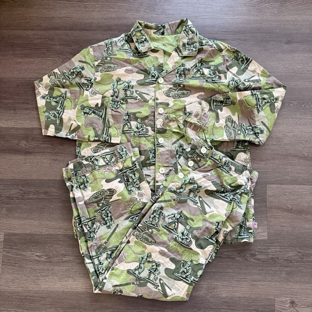 NICK & NORA TOY ARMY CAMO Woven Cotton PJ PAJAMA SET TOP PANTS RARE LARGE